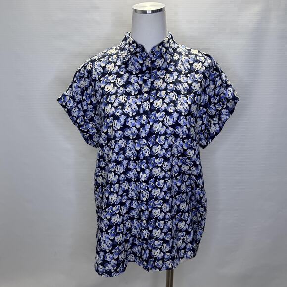 Lauren Ralph Lauren Shirt Womens Medium Blue Floral Linen Button Front Top - Picture 1 of 13